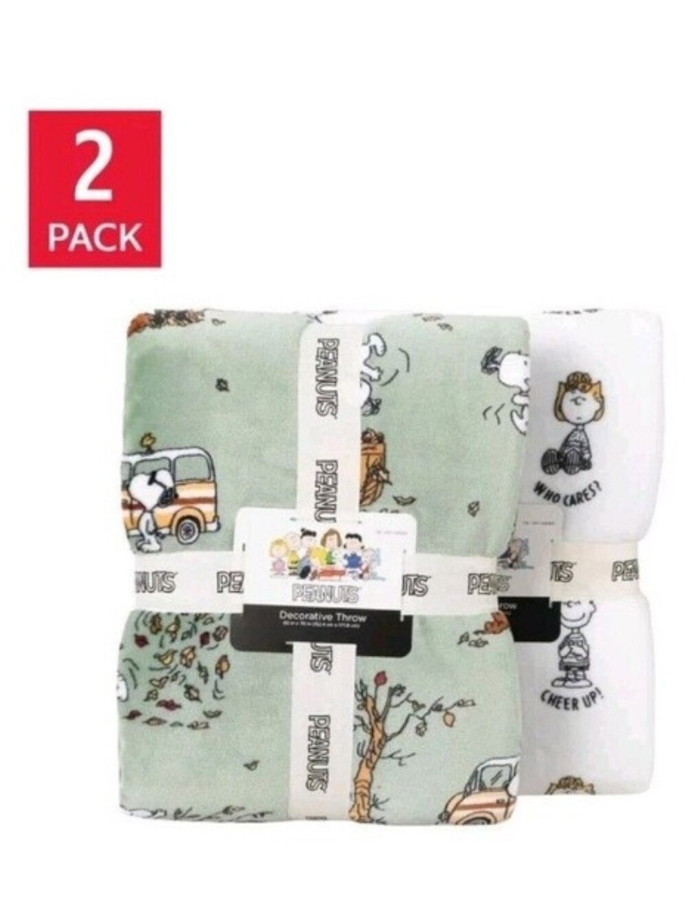 Peanuts Throw Green White Snoopy 2-Pack Printed VelvetLoft Plush Green - New